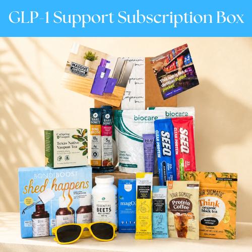 Collection of health and wellness products with 'GLP-1 Support Subscription Box' text at the top.